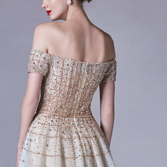 NEW CHAMPAGNE/BLUE PARTY EVENING OFF THE SHOULDER MODERN BEADED BALLGOWN AL0724 - Picture 4 of 13